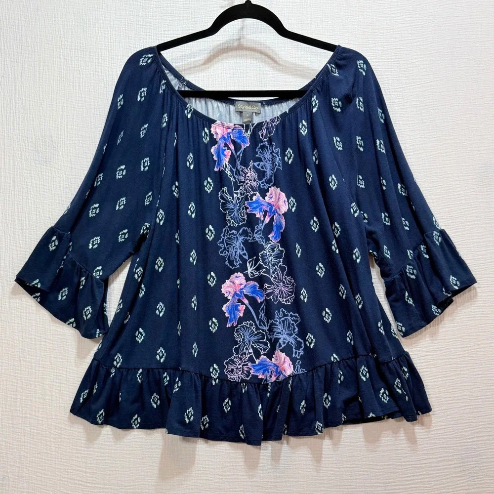 Style & Co Womens XL Navy Blue Floral Ruffle Hem Bell Sleeve Cottagecore Boho